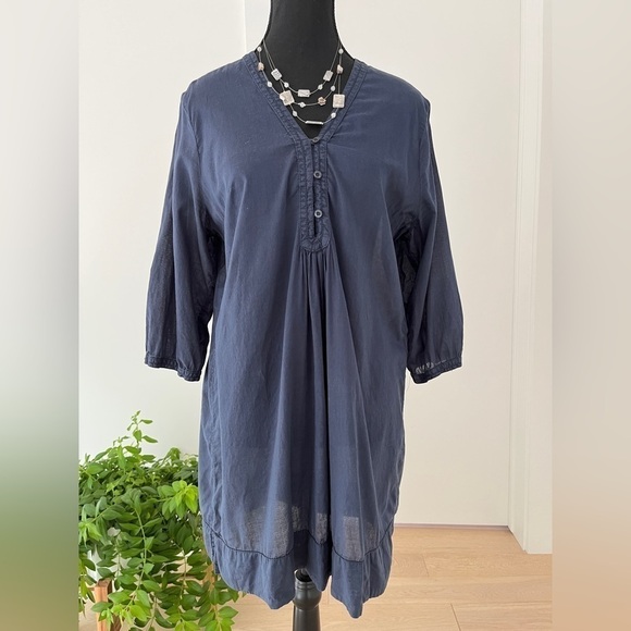 H & M L.O.G.G. Sheer Tunic Navy Blue V Neck 3/4 Sleeve 100% Cotton Lagenlook - Picture 1 of 12
